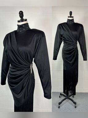 Vintage 80s Caché Black Slinky Knit Dress Fringe Hem Rhinestones Keyhole Back S